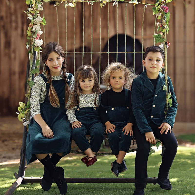 AA-Family Velour Elegant Set Boys Blazer And Romper Girls Dress Romper Lace Collar Digital Print Flower Pattern for Kids