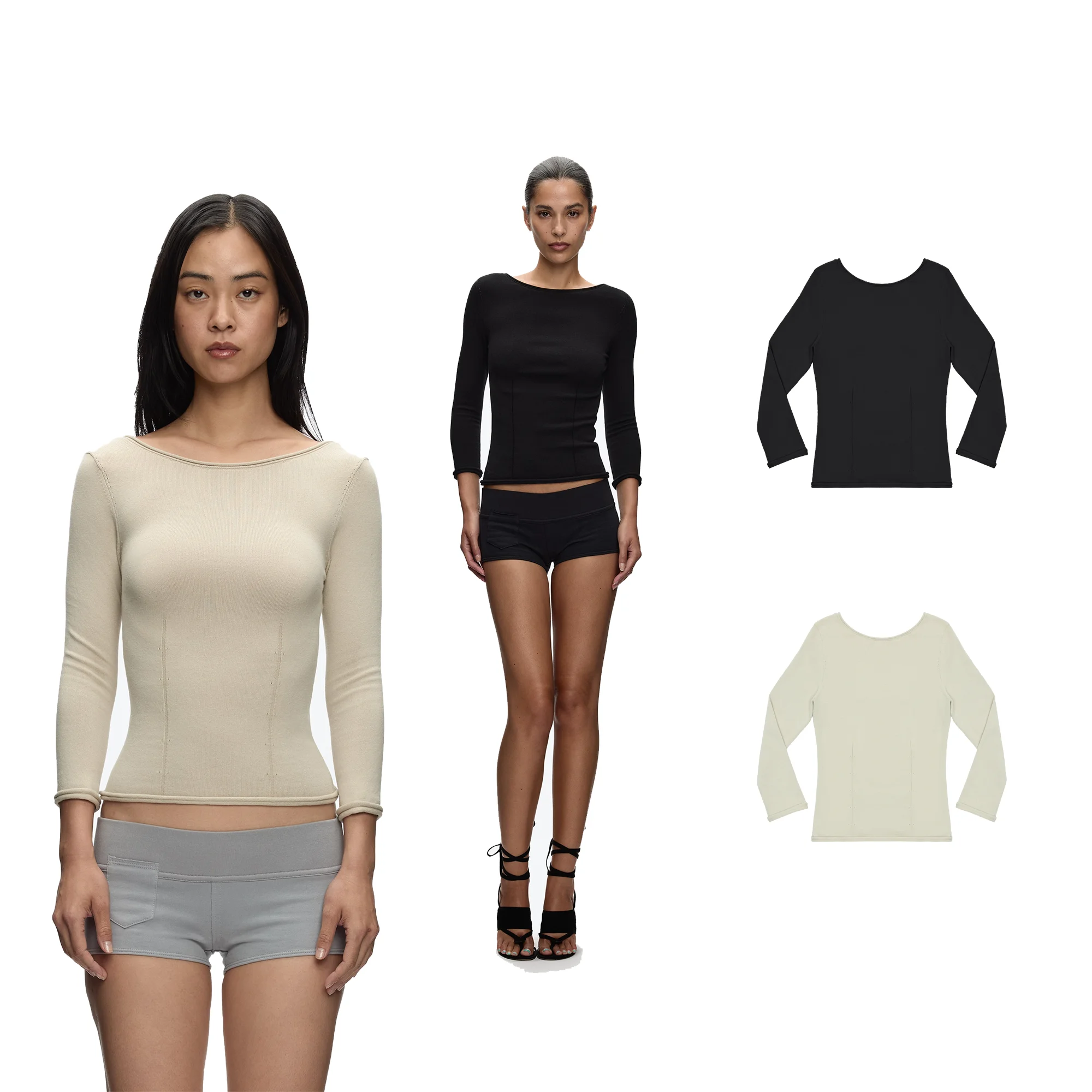 Tank Three-Quarter Sleeve Knitted Sweater Base Shirt, Black Large Round Neck Reversible Base Shirt, Backless Waist-Cinching Vertical Split Line Slim-Fit Short Base Shirt, Vintage Backless Knitted Top