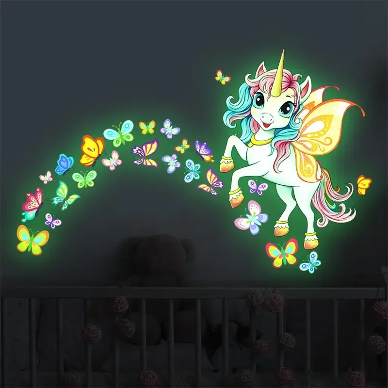 

Glow in The Dark Unicorn Wall Stickers Fluorescent Butterfly Glowing Star Rainbow Decals Ceilling Decor for Kids Room Bedroom