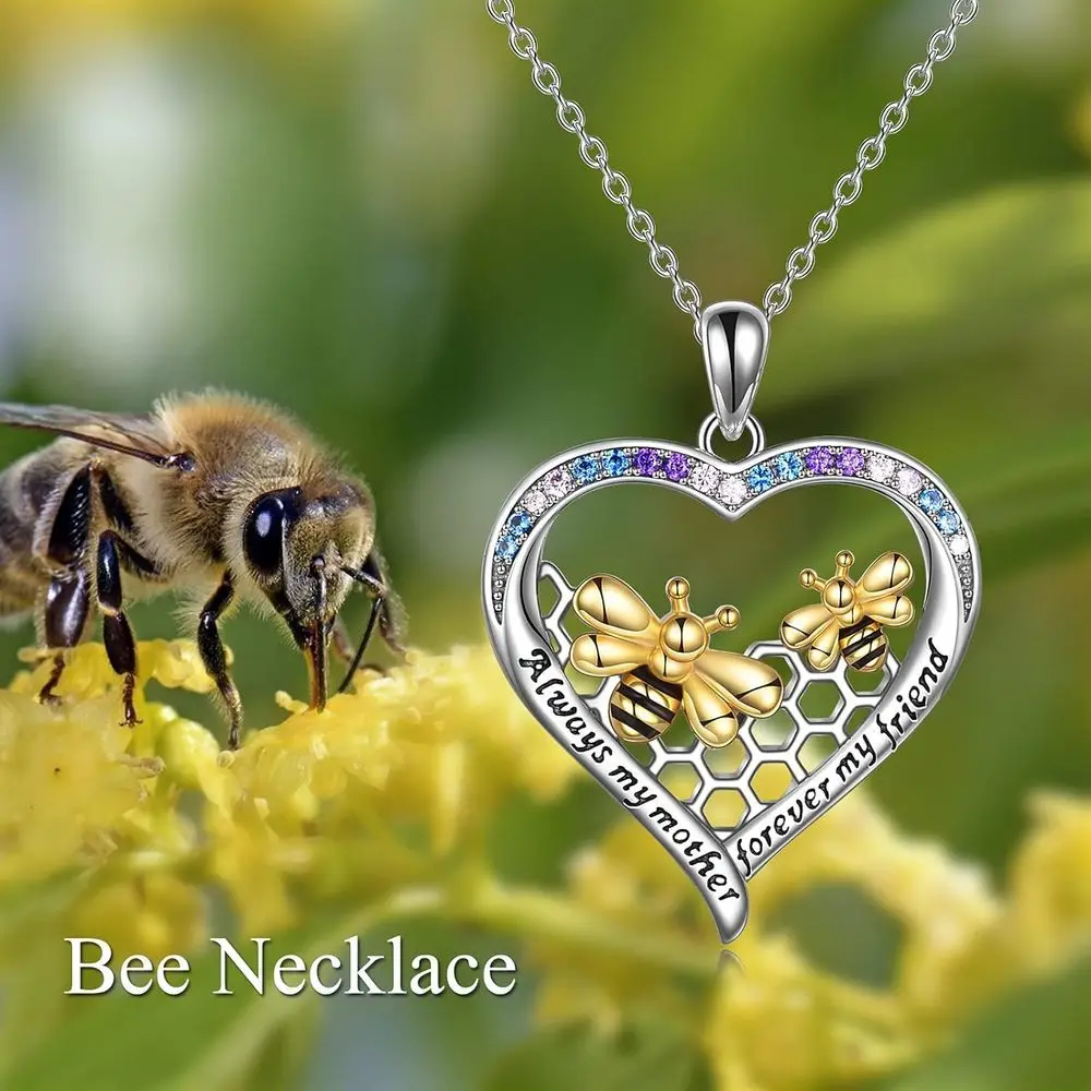 3pcs Bee Necklace Earring Set Honeycomb Love Heart Shaped Mother And Daughter Pendant Necklace Jewelry Gift For Mom(Bee)