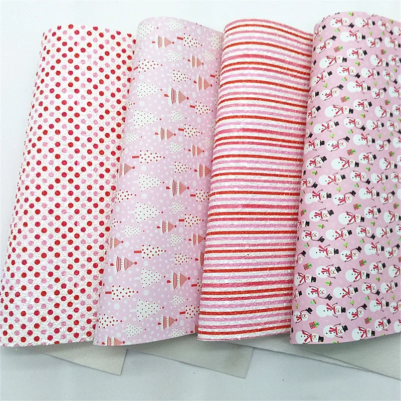 Pink Stripes Dots Printed Glitter Leather Sheets Felt Backing Faux Leather Snowmen Christmas Tree Leather For Bow 21x29CM Q1531