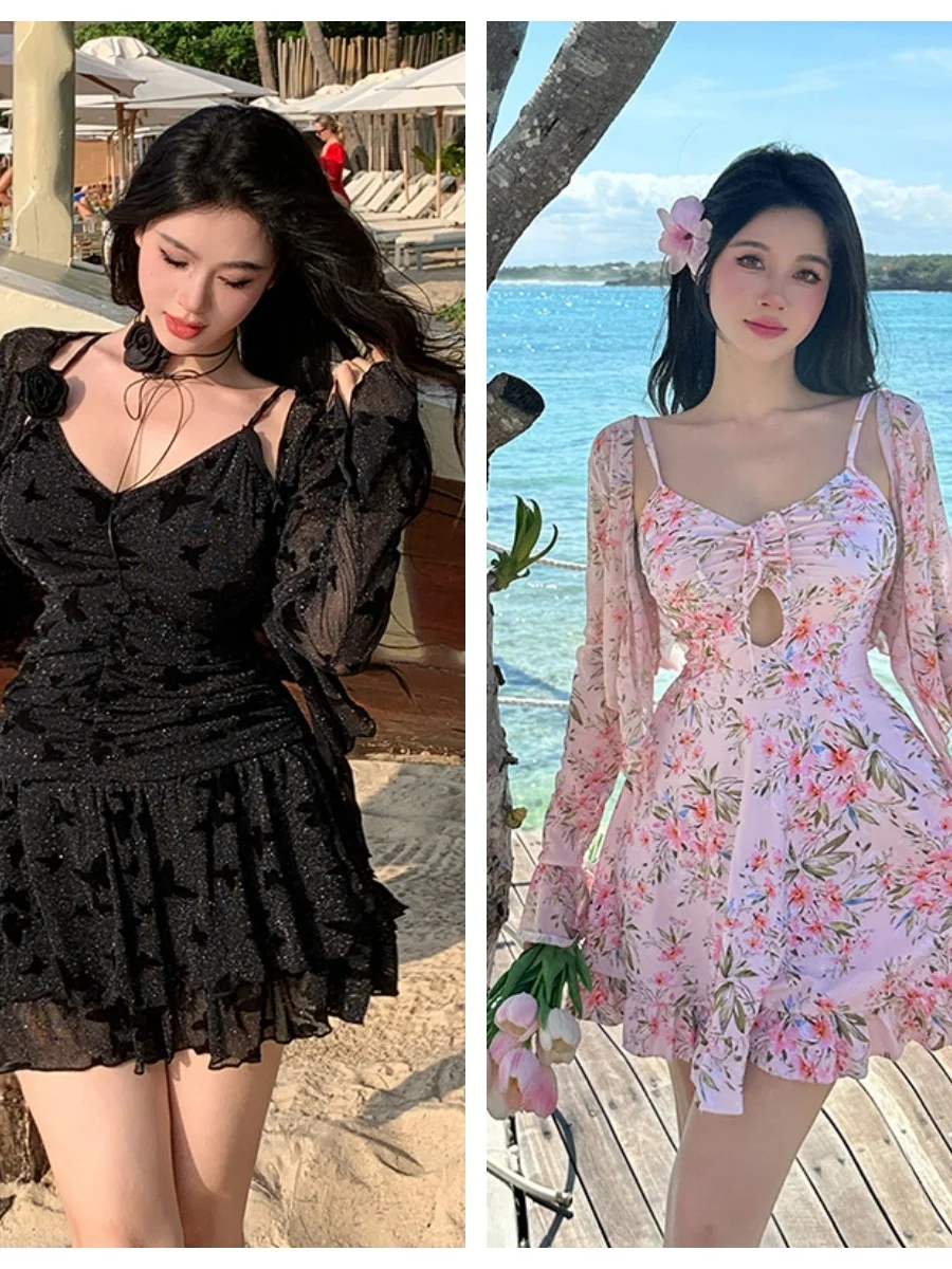 

Романтический купальник большого размера с завышенной талией, длинными рукавами, V-образным вырезом и цветочным принтом, повседневный купальный костюм для женщин