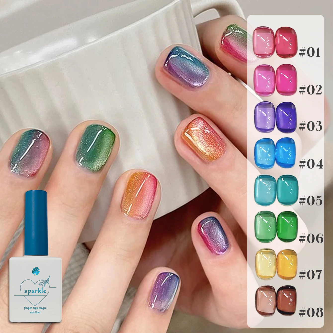

12ml 9 Colors Spring Candy Jelly Color Nail Polish Gel,Soak Off UV/LED,Transparent Jelly Color, Can Be Overlaid Cat Eye Effect