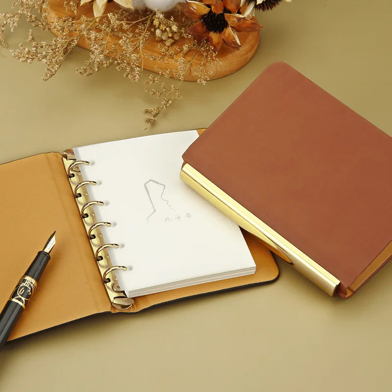 A7 Gold Black Coffe PU Leather Binder 6 Ring Binder With 50Sheet Inner Clip-on Notebook Faux leather Loose Leaf Notebook