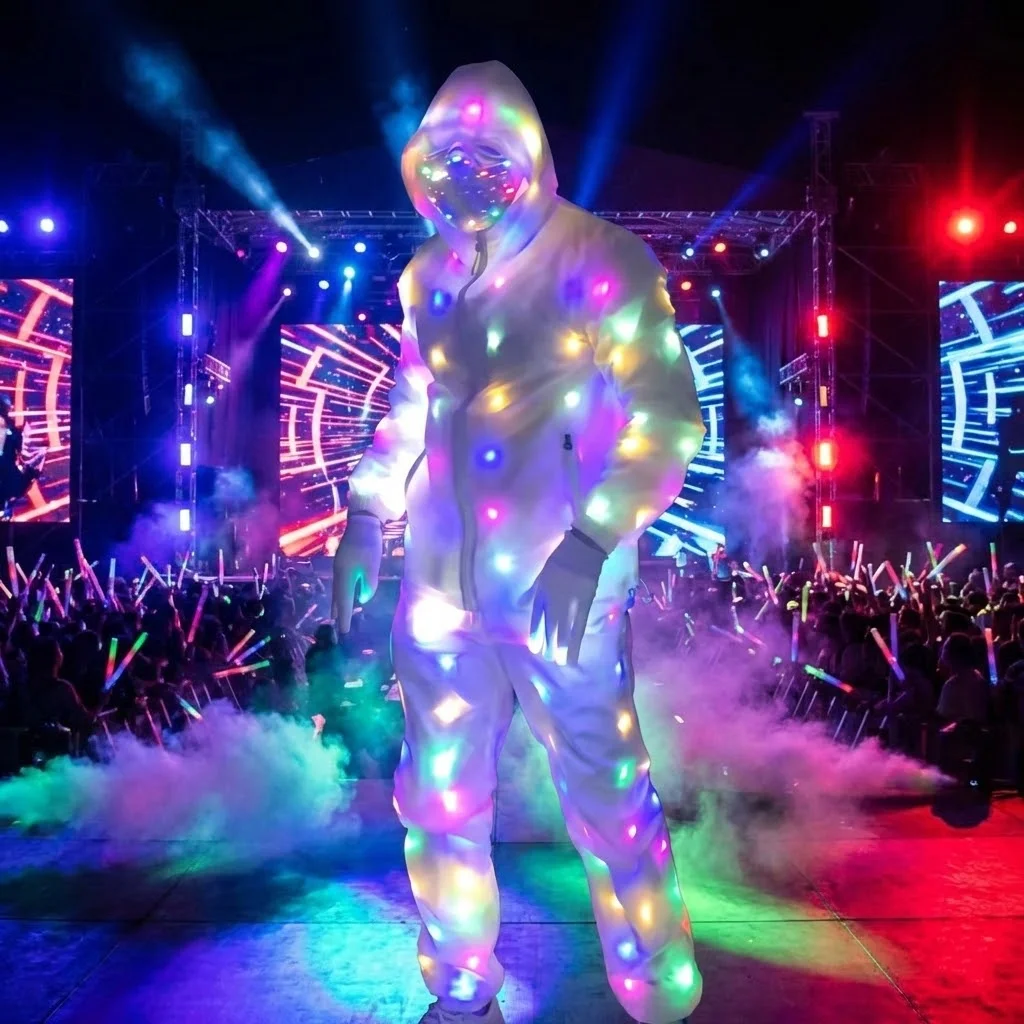 Nouvelle tenue lumineuse LED originale pour spectacle, veste et pantalon néon, vêtements lumineux pour fête d'anniversaire, costume pour spectacle