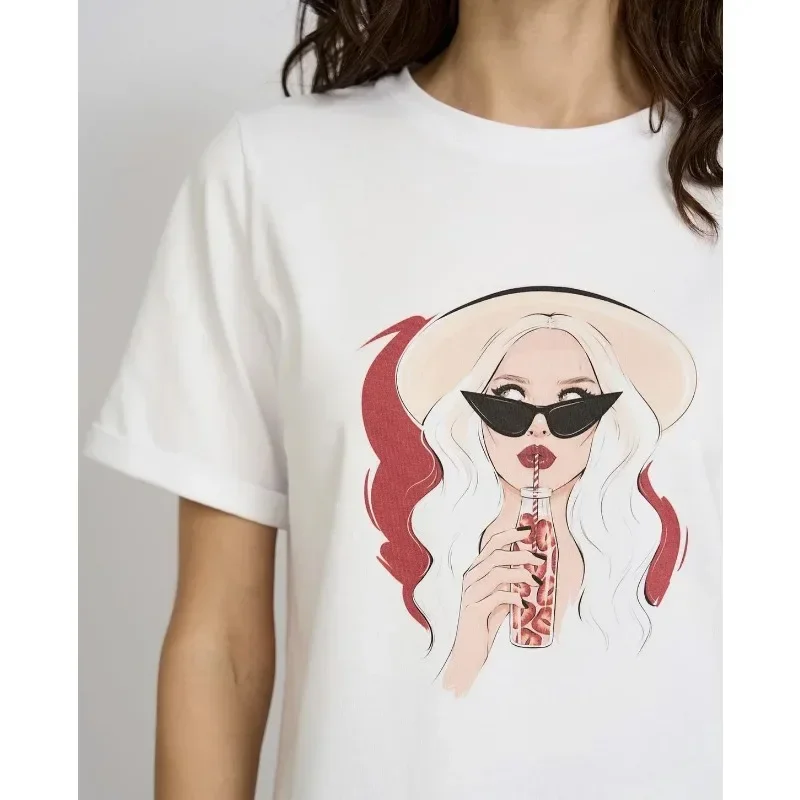 

Elegant Girl Graphic Printed T Shirt Women Summer Loose Casual Female Clothing Elegant O Neck Cotton Lady Street Retro Tops