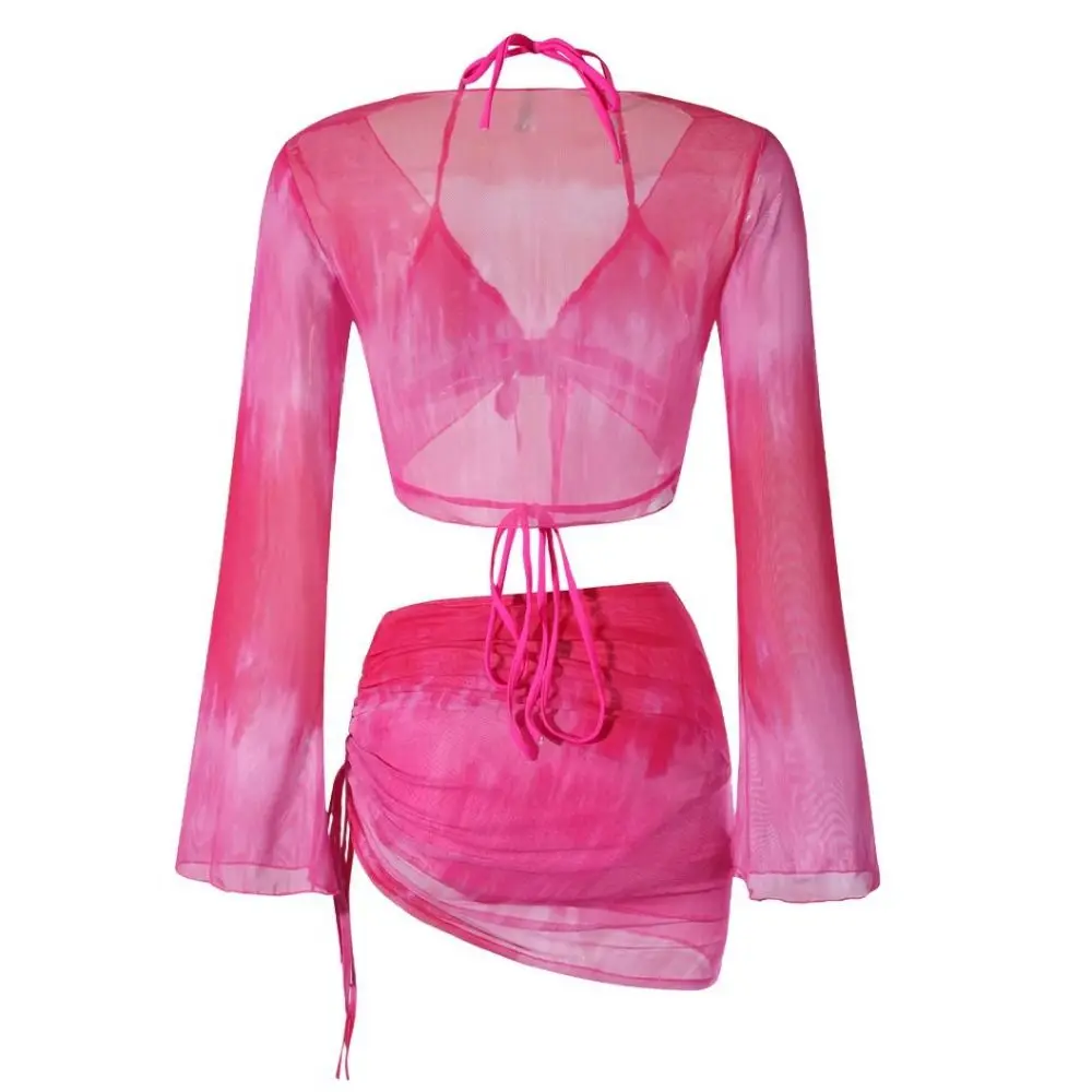 

Blue Color Tie Dye Bikini Set Mesh Long Sleeve 4 Piece Set Swimsuit Set Side Ruched Lace-Up Crop Top Bathing Suit Summer Wear