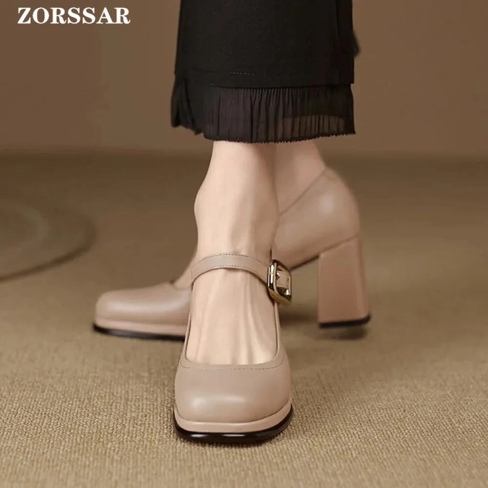 White Mary Jane Women Pumps Thick High Heels Shoes Female Lolita Square Toe Shoes Spring Fashion Office Lady Shoes Party Leather