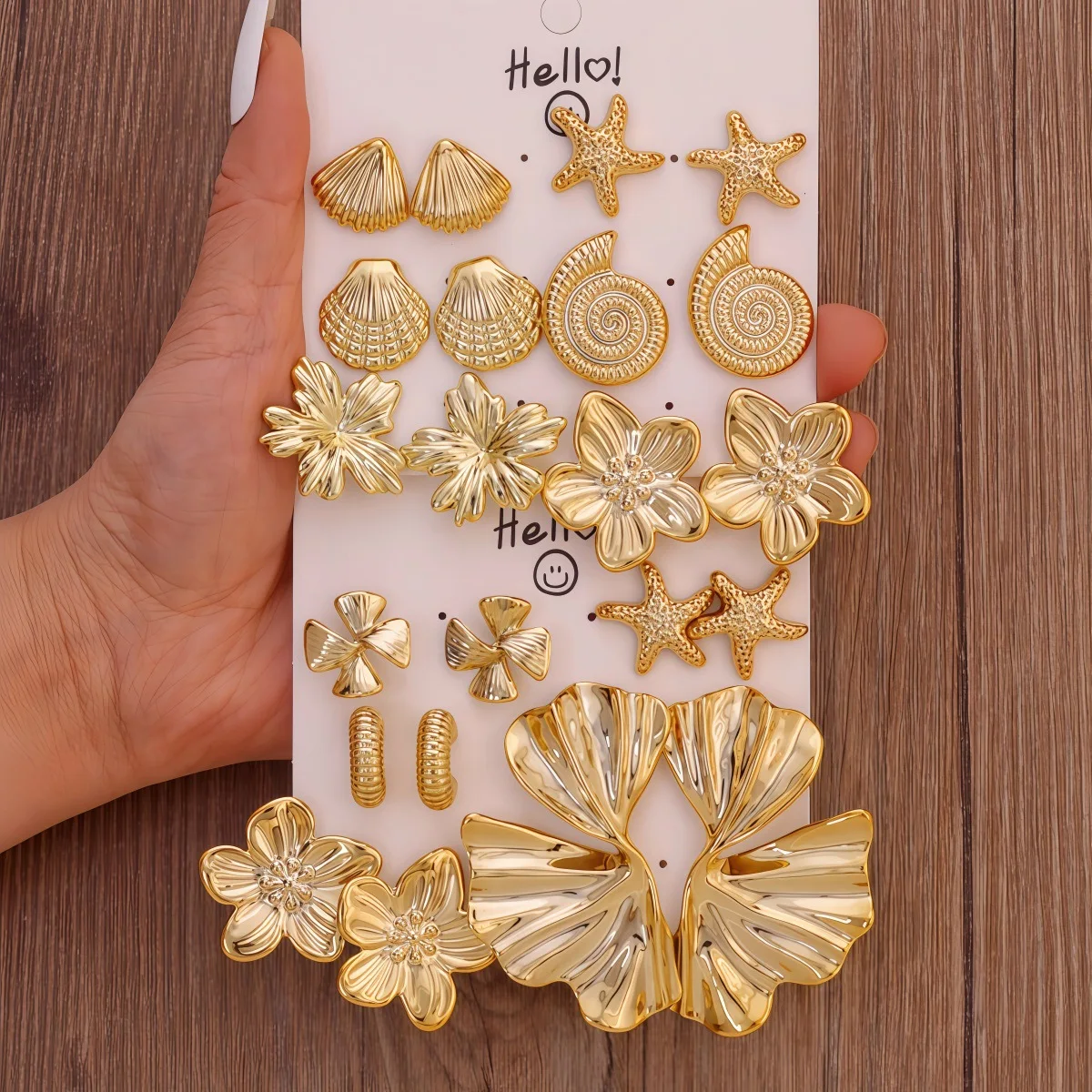 KMVEXO 11 Pairs/Set Gold Color Starfish Shell Flower Stud Earrings Vintage C-shaped Hoop Earring Stylish Women's Daily Jewelry