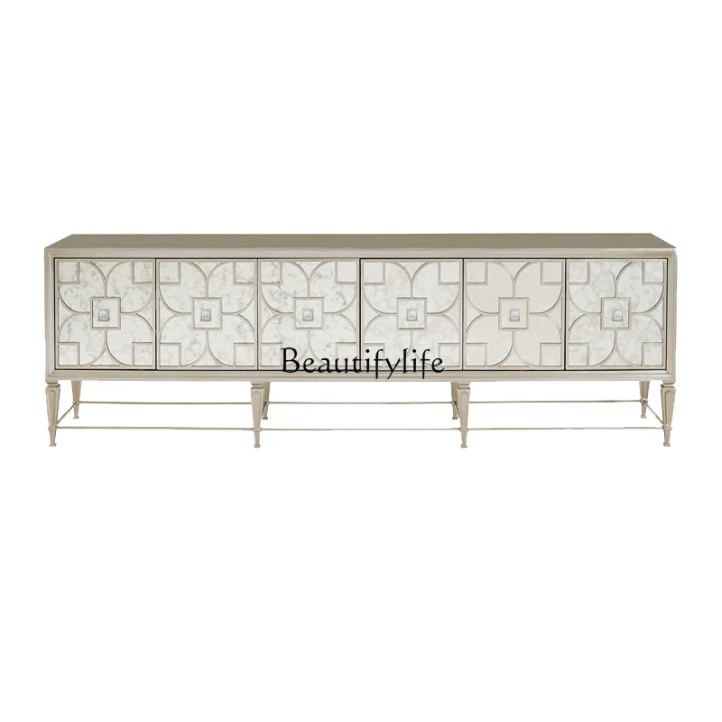 

American light luxury solid wood TV audio-visual cabinet mirror champagne gold hollow decoration modern floor cabinet