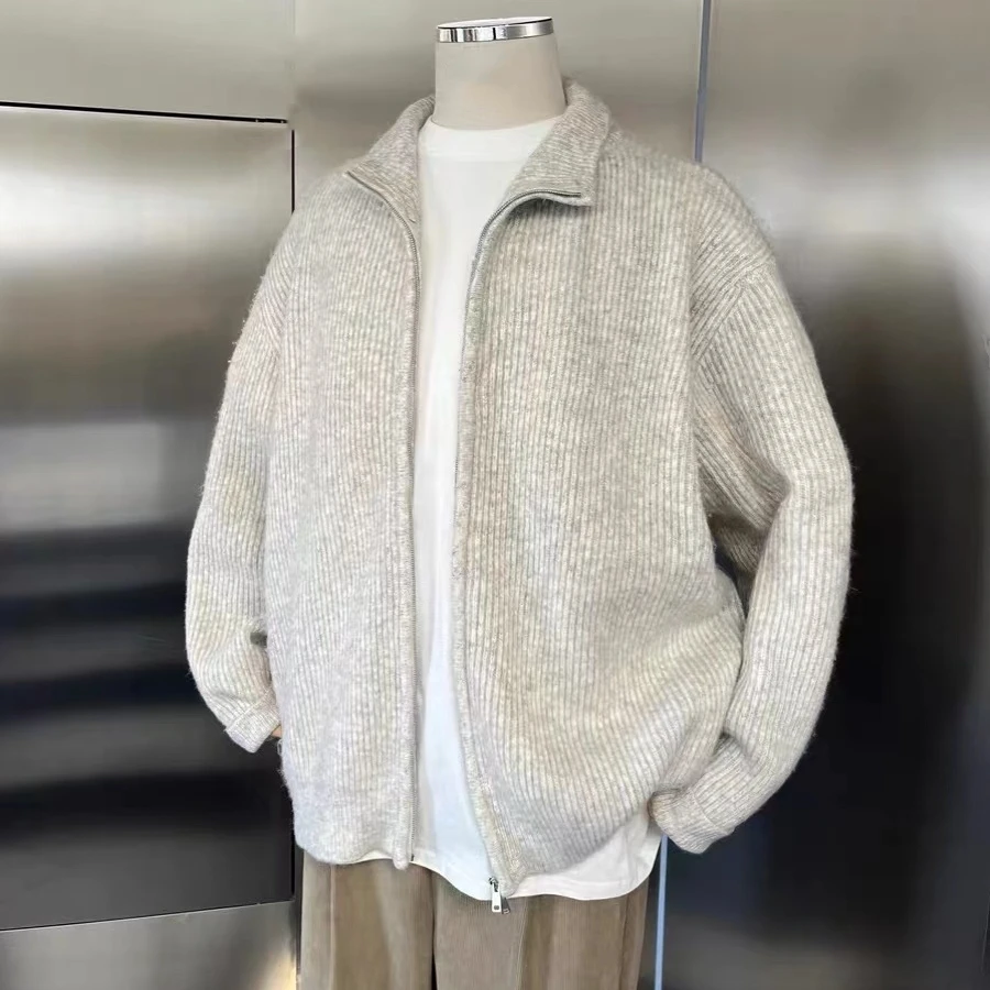 Loose Fit Men's Knitwear Cardigan Pure Color Oversized Sweater Autumn Winter Youth Casual Faion Polyester Fiber Coat