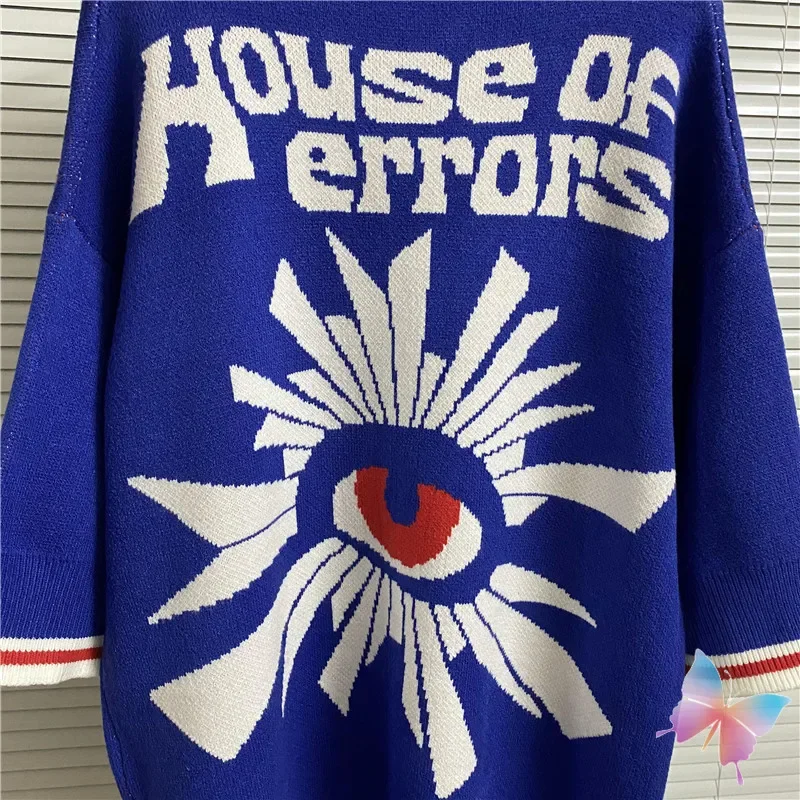 Blue House of Errors Sweaters Embroidered Logo White Letter Jacquard Lapel Short Sleeved Pullover Men Women Knitted Sweatshirts