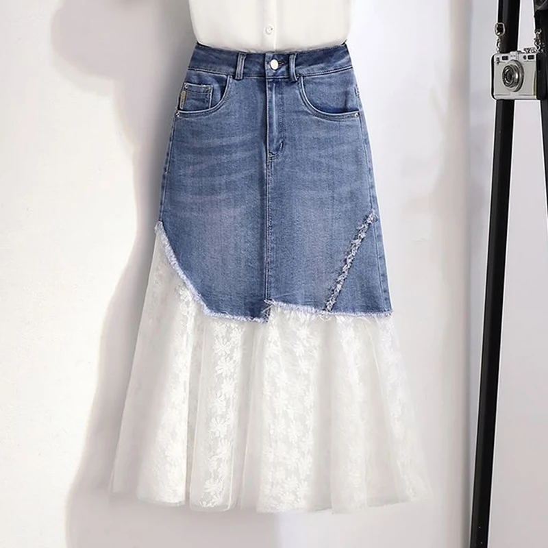 Girls summer oversized chic and cute lace shirt top patchwork denim skirt  maxi skirt  Regulai Fit  y2k  maxi skirt