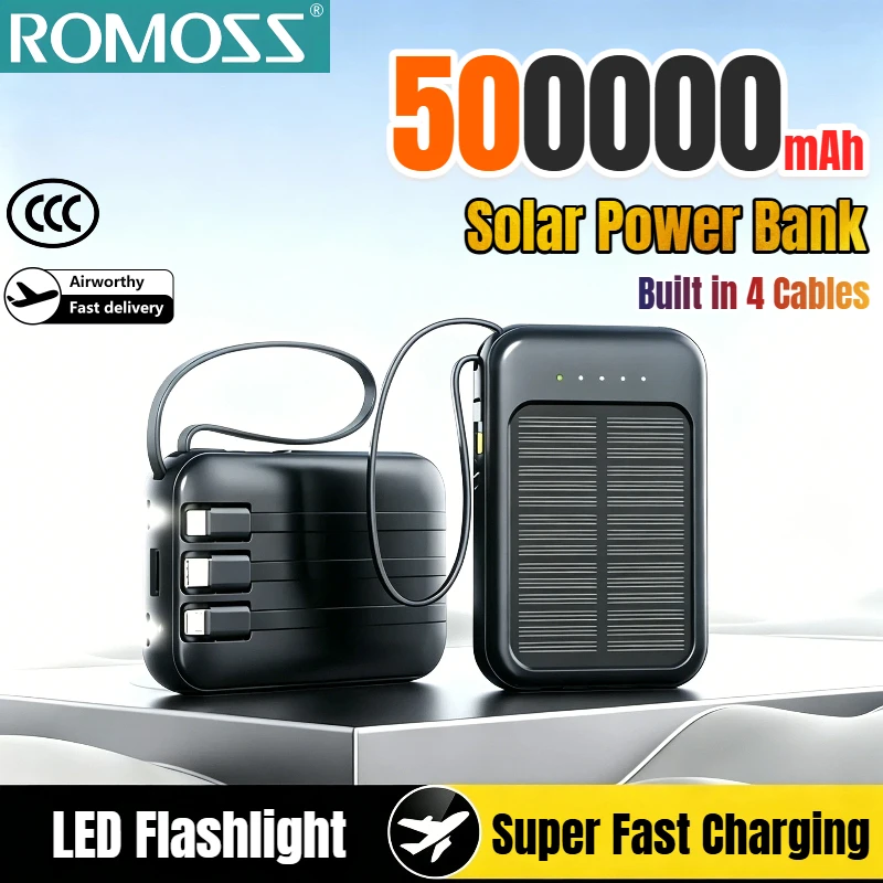 ROMOSS 500000mAh Solar Power Bank Fast Charging High Capacity Built in 4 Cables Outdoor Powerbank Spare Battery For All Phones