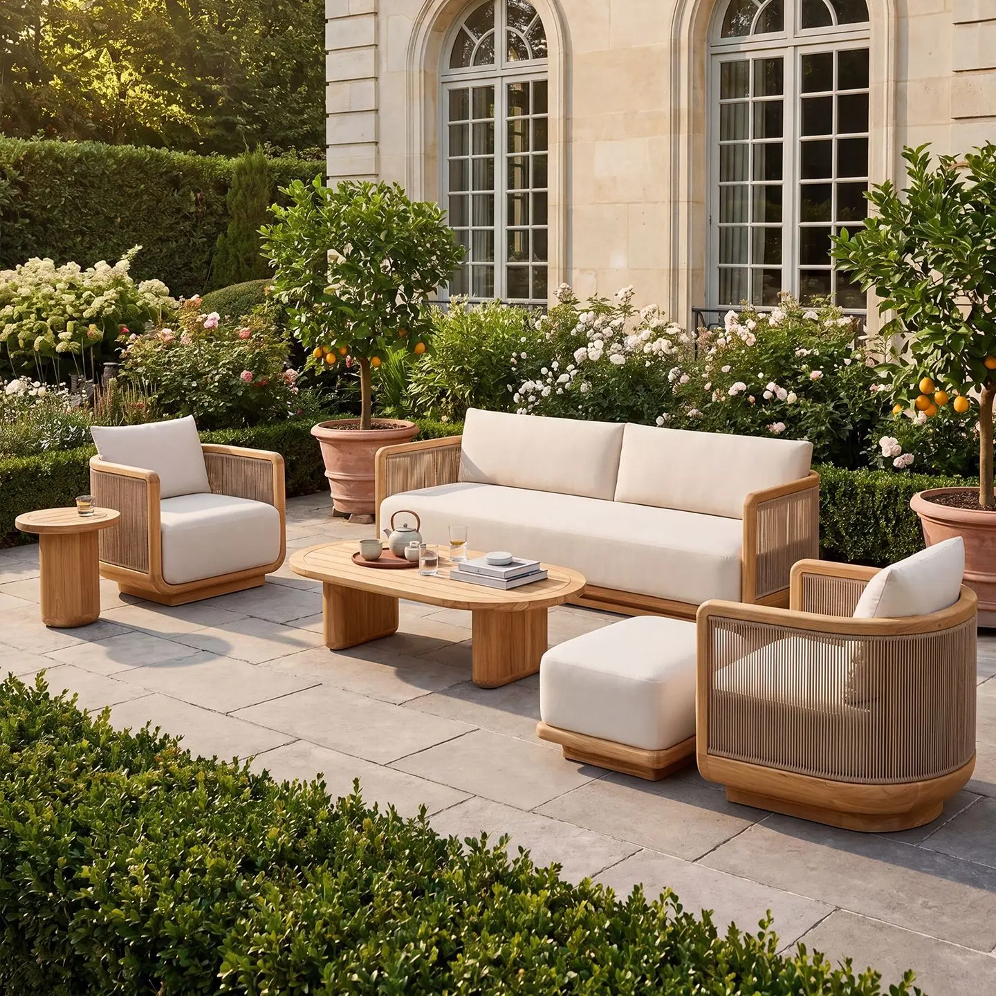 Outdoor sofa courtyard villa garden solid wood waterproof and sun protection hotel outdoor terrace teak furniture combination