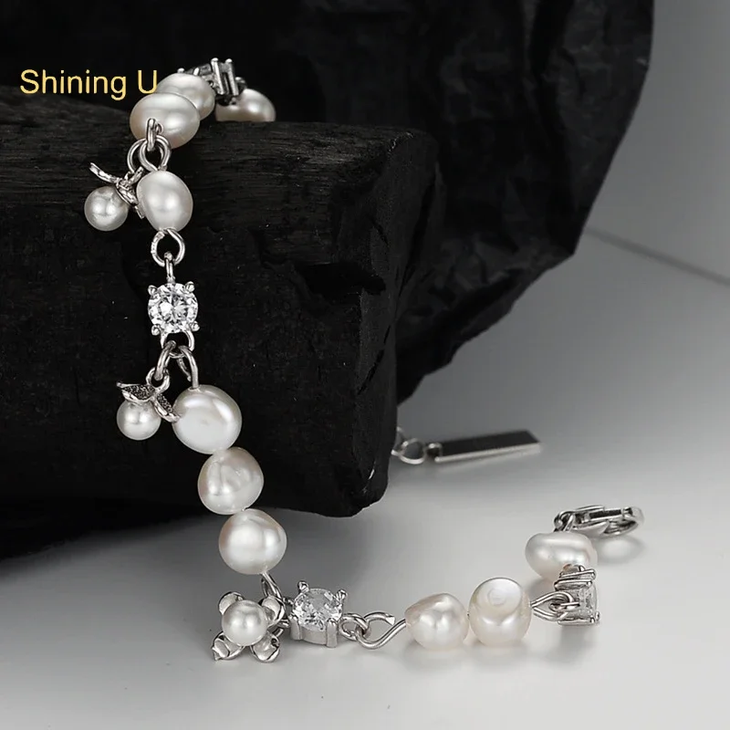 

Shining U S925 Silver Pearl Bracelet for Women Plated In Platinum Fine Jewelry Gift SUB2080