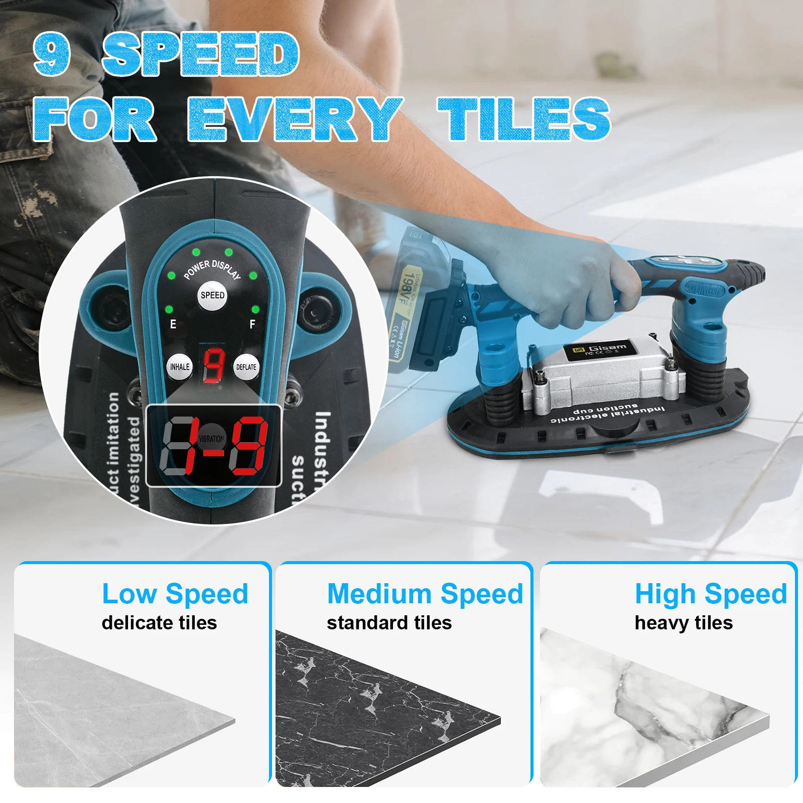 Gisam Tiling Tiles Machine Tiles Vibrator Suction Cup 500KG 9Gear Floor Vibrator Leveling Power Tool For makita 18v battery pin