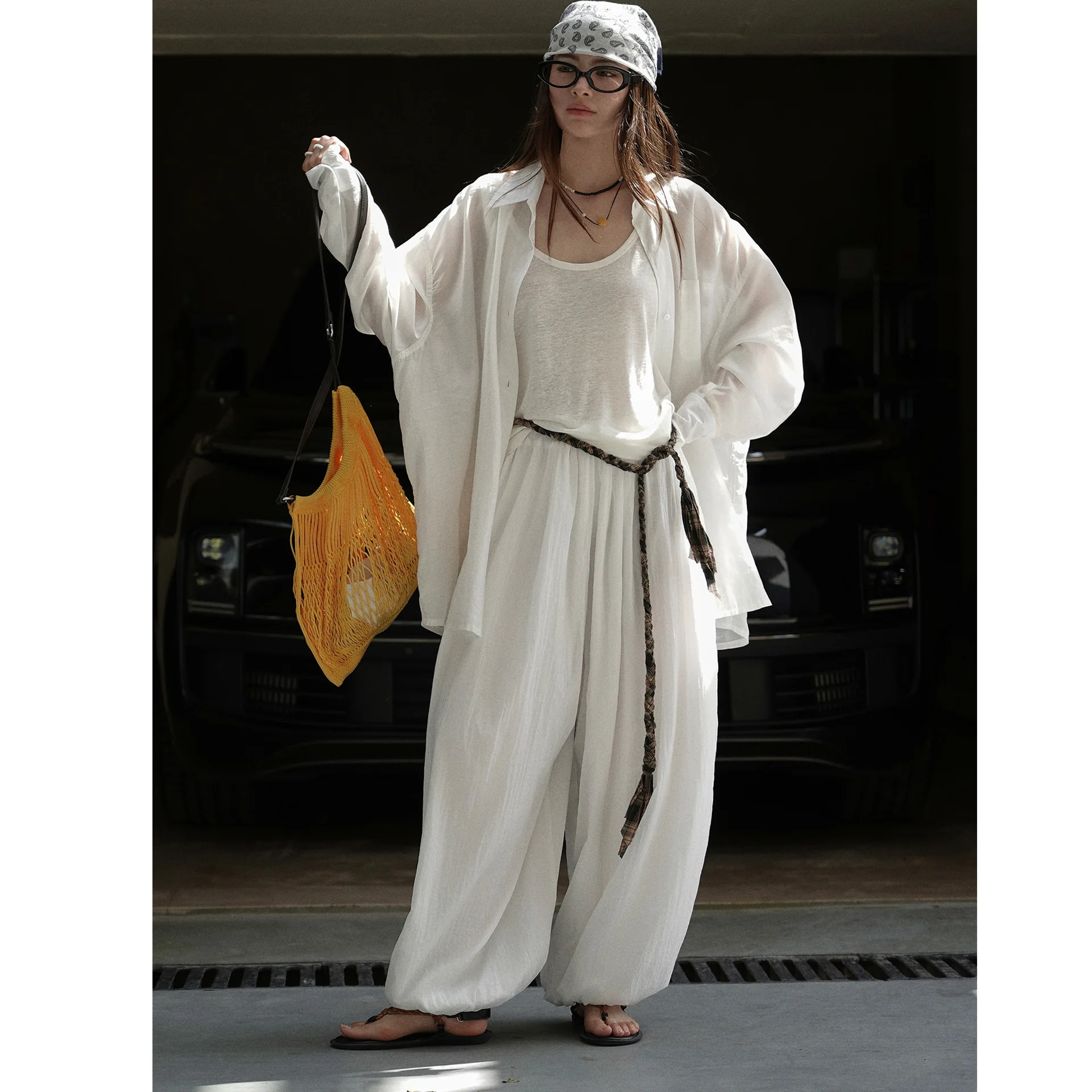 SuperAen 2025 여름 새로운 한국 스타일 거즈 블루머 패션 여성 특대 높은 허리 긴 바지