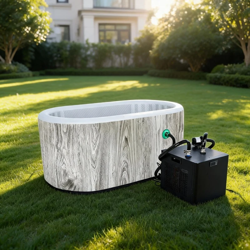 Custom Cold Plunge Tub Water Chiller Oval Shape DWF 8cm Drop Stitch Inflatable Wooden Ice Bath for Sports Fitness Recovery