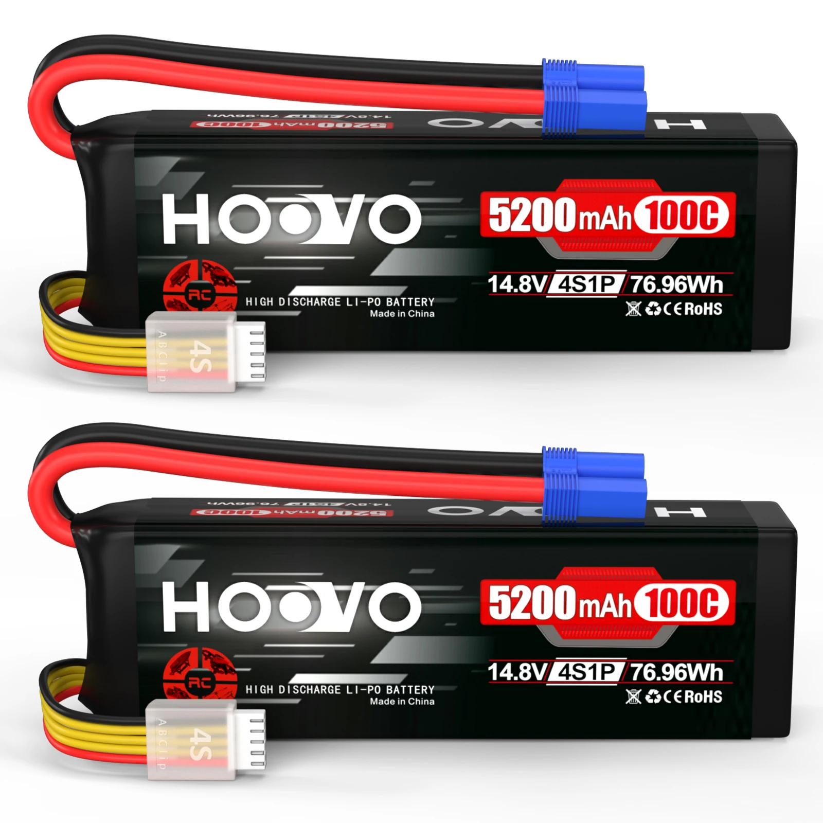 HOOVO 2Pcs 4S Lipo Battery 14.8V 100C 5200mAh RC Battery with EC5 Connector Soft Case for RC Car Truck Truggy Buggy Airplane