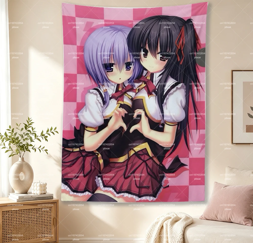 Namaiki Delation Anime Tapestry, Two Manga Girls Heart Gesture Wall Hanging, Pink Checkerboard Background Wall Cloth, Bedroom