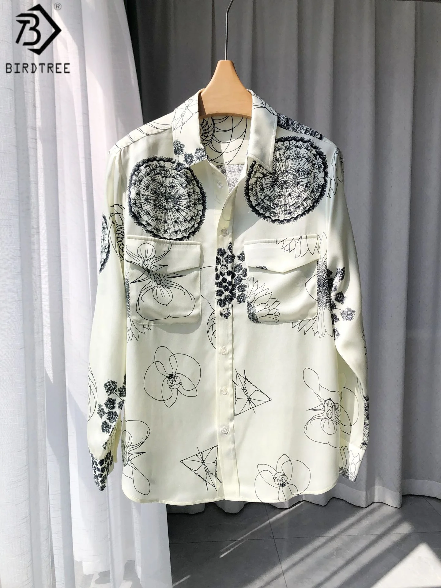 

BirdTree 19MM 100% Real Silk Print Shirts, Women's Double Pocket Sand Wash Blouses,Satin Long Sleeves 2025 Summer AutumnT54501JF