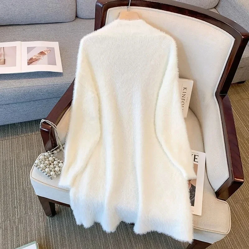 Lazy Style Sweater Cardigan Jacket Women Autumn Winter Loose Outer Layer Knitted Coat Mid Length Over Knee Soft Mink Fur Coats