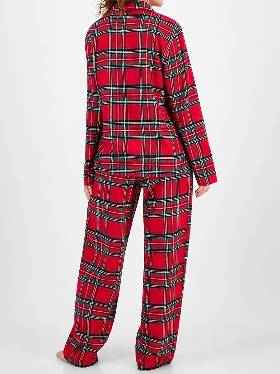 Women s Cozy Autumn Pajama Set with Classic Plaid Print Shirt and Elastic Waist Pants for Relaxing Nights at Home