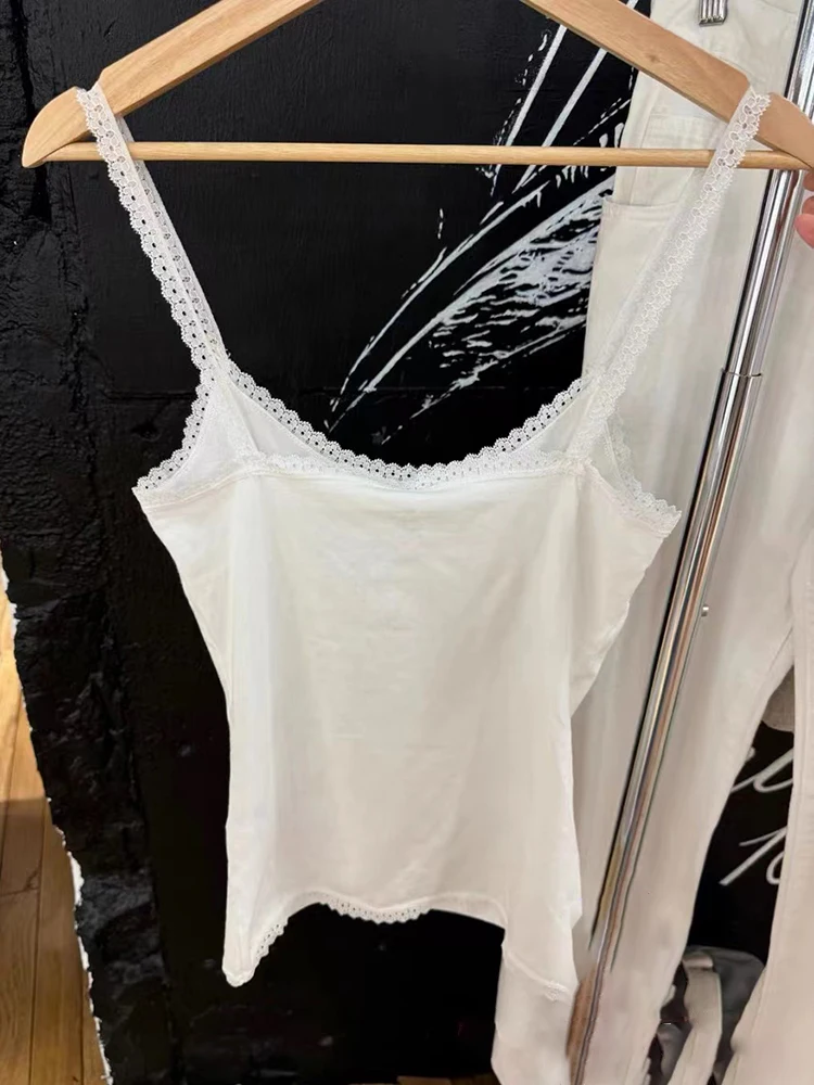 Lace Trim White Slim Tank Tops Women Casual Summer Cotton Sleeveless High Waist Camisole Sweet Girls Vintage Solid Crop Top Y2k