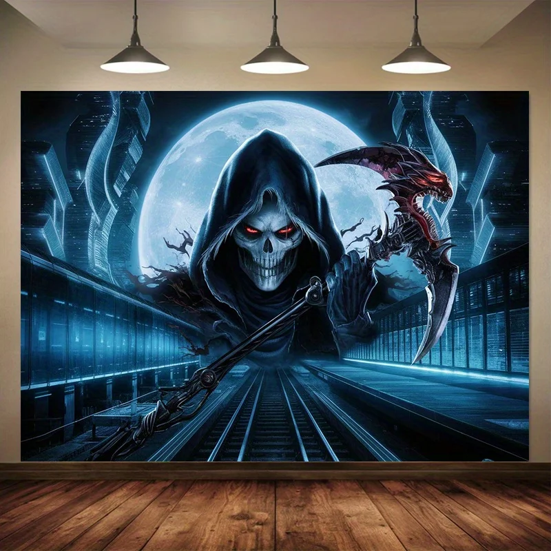 VIKAMA Cyber Reaper Tapestry Moonnight Urban Wall Carpet Gothic Skull Holding Dragon Sickle Art Room Decoration