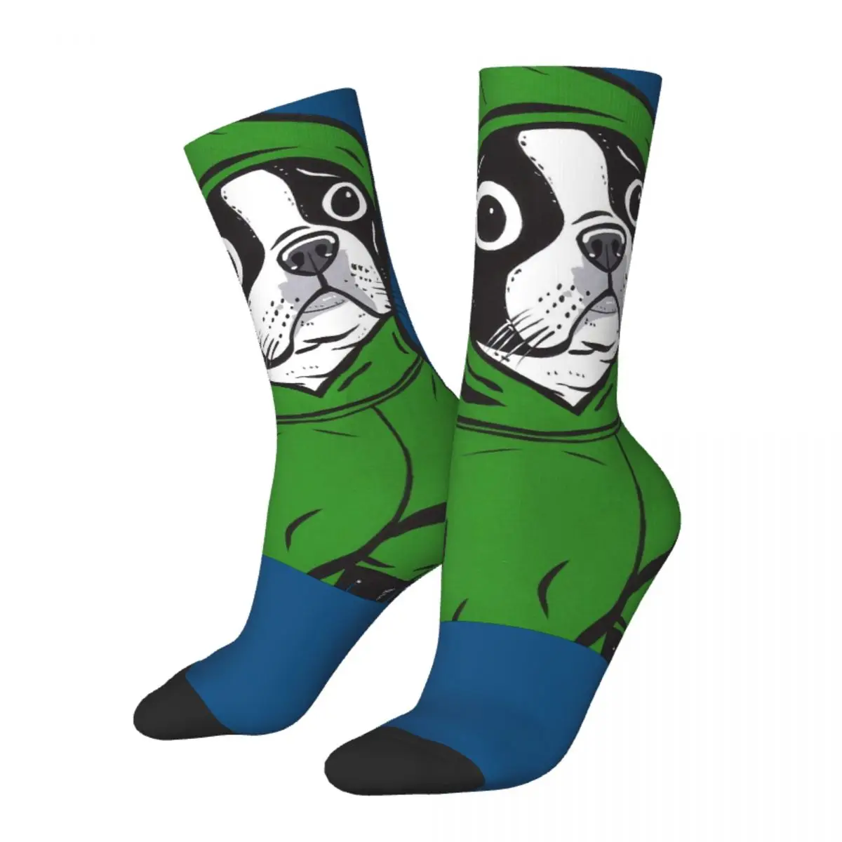 Funny Crazy Sock for Men Boston Terrier Green Hip Hop Harajuku French Bulldog Cute Dog Happy Seamless Pattern Printed Boys Sock