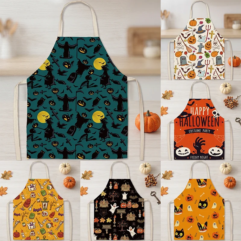 

Happy Halloween Witch Pumpkin Print Apron Cotton Linen Women Kitchen Cooking Baking Pinafore Holiday Party Home Cleaning Bibs