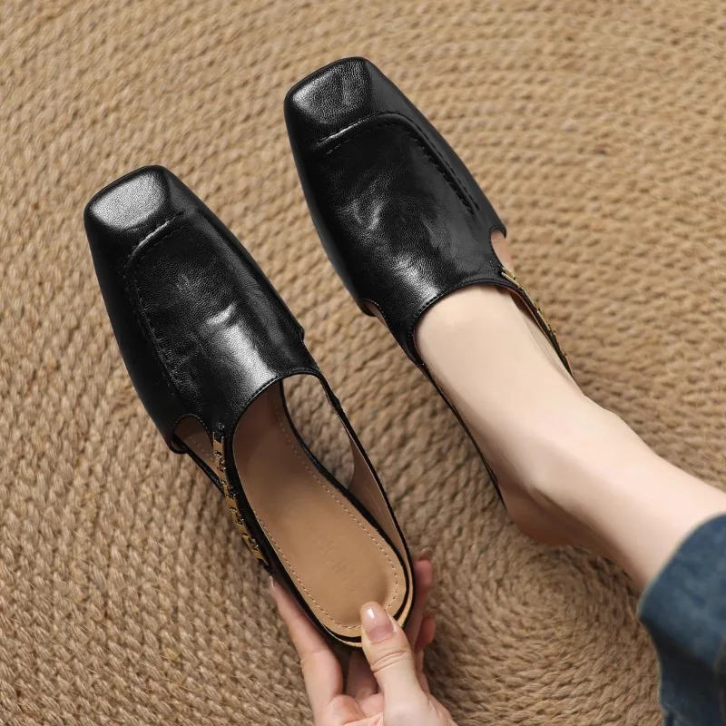 

French Hollow Out Soft Leather Slip-On Mules Women's Summer Outdoor Wear Increased Height Platform Sandals Easy To Wear