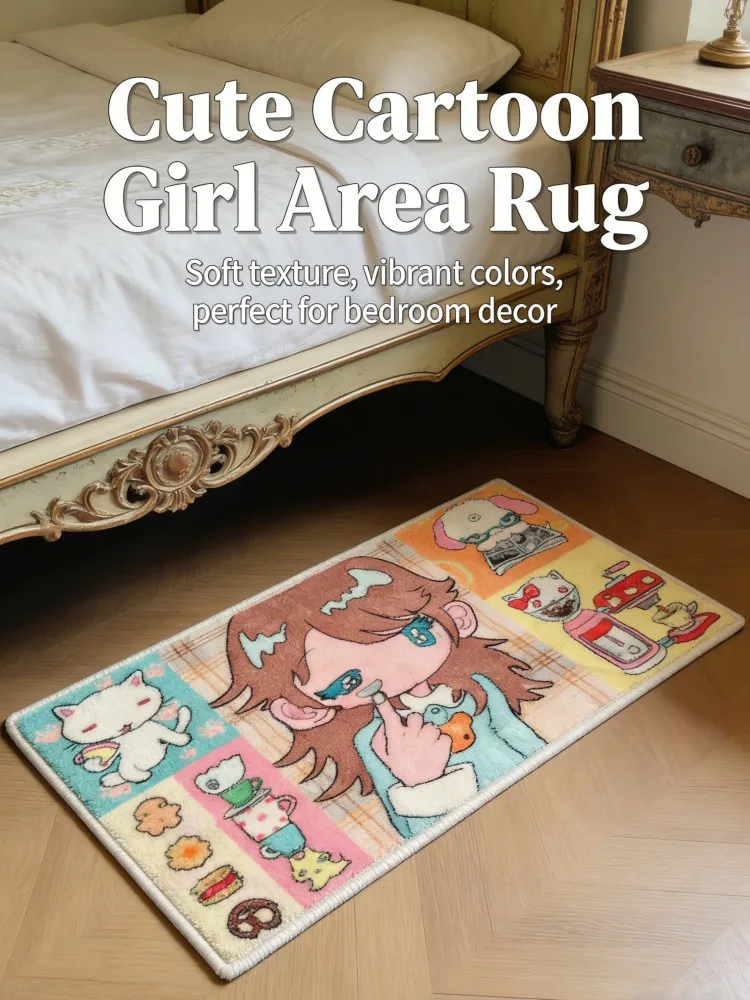 Cute Cartoon Girl Area Rug, Kawaii Anime Floor Mat, Non-Slip Washable Doormat for Bedroom Vanity