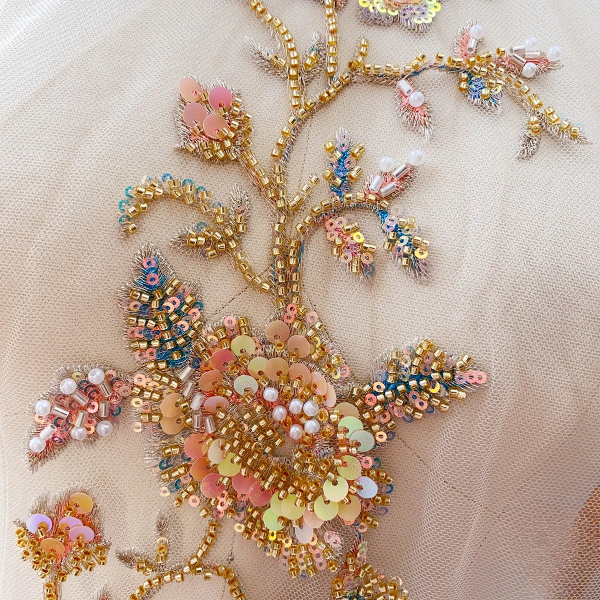 Peacock Shaped Pearl Lace Applique,Champagne, MultiColor Laser Sequin Performance Clothing, Shines Brightly Stage Party, RS24511