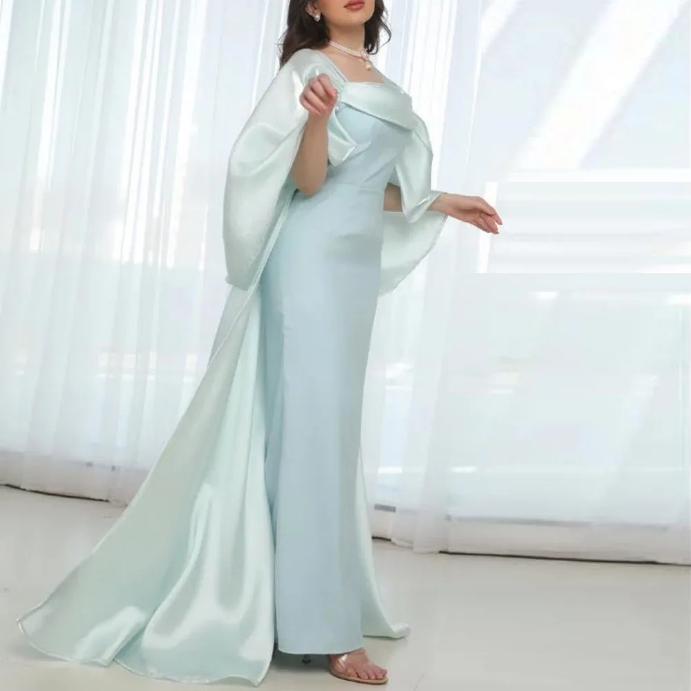 فستان سهرة مخصص بأكمام واسعة وطيات ورقبة مربعة فساتين رسمية حورية البحر مع شال أزرق من الساتان لحفلات الزفاف