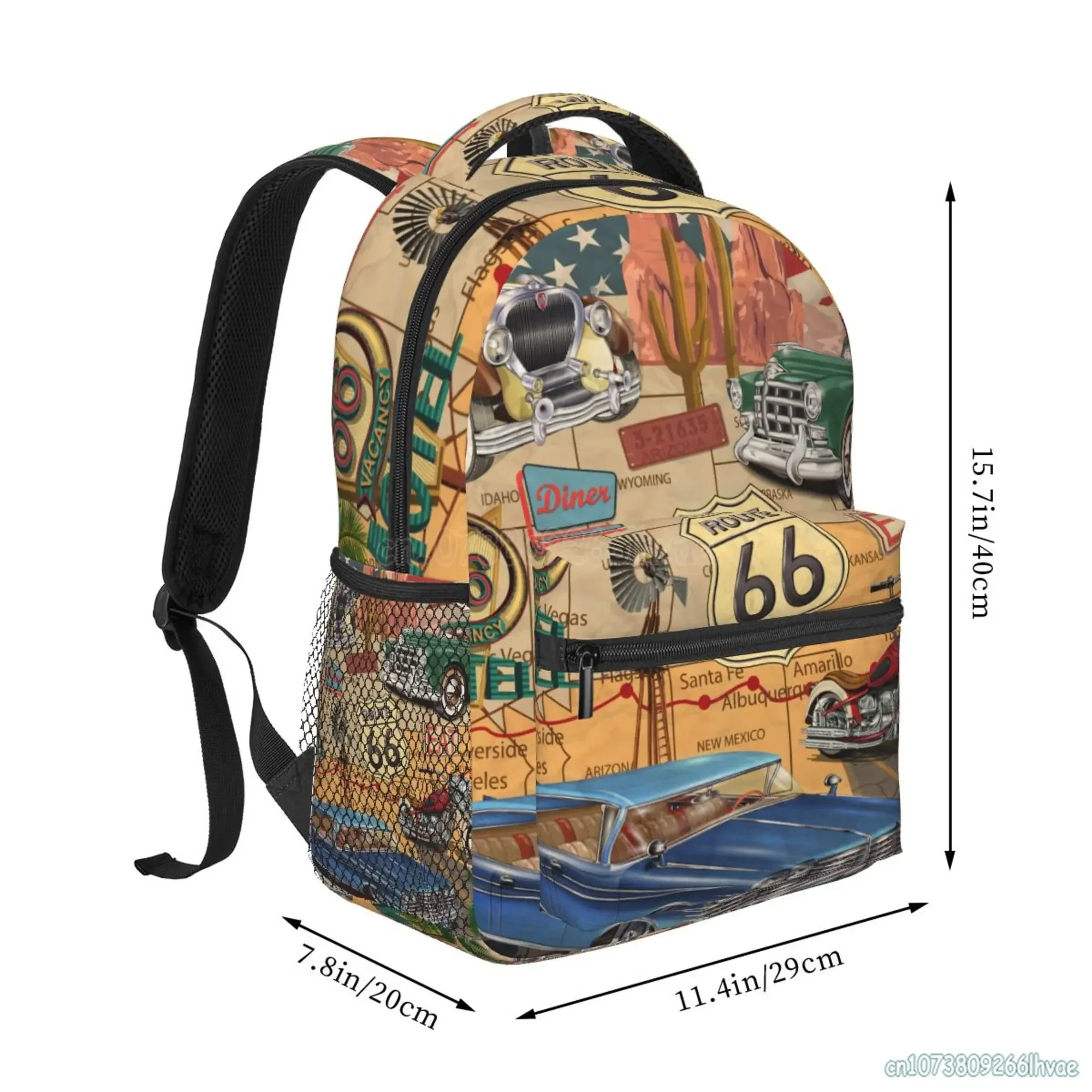 Vintage US Historic Route 66 Old Car Motorcycle Casual Backpacks Fashion Travel Backpacks School Student Book Bags Softback