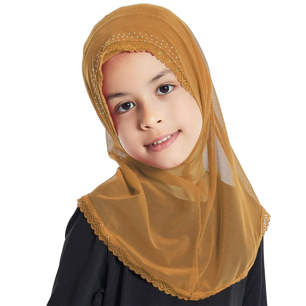 Kids Muslim Lace Rhinestone Girls Hijab Turban Caps One Piece Amira Islamic Under Scarf Shawls Headwear Wrap Hats Fit 2-6 Years