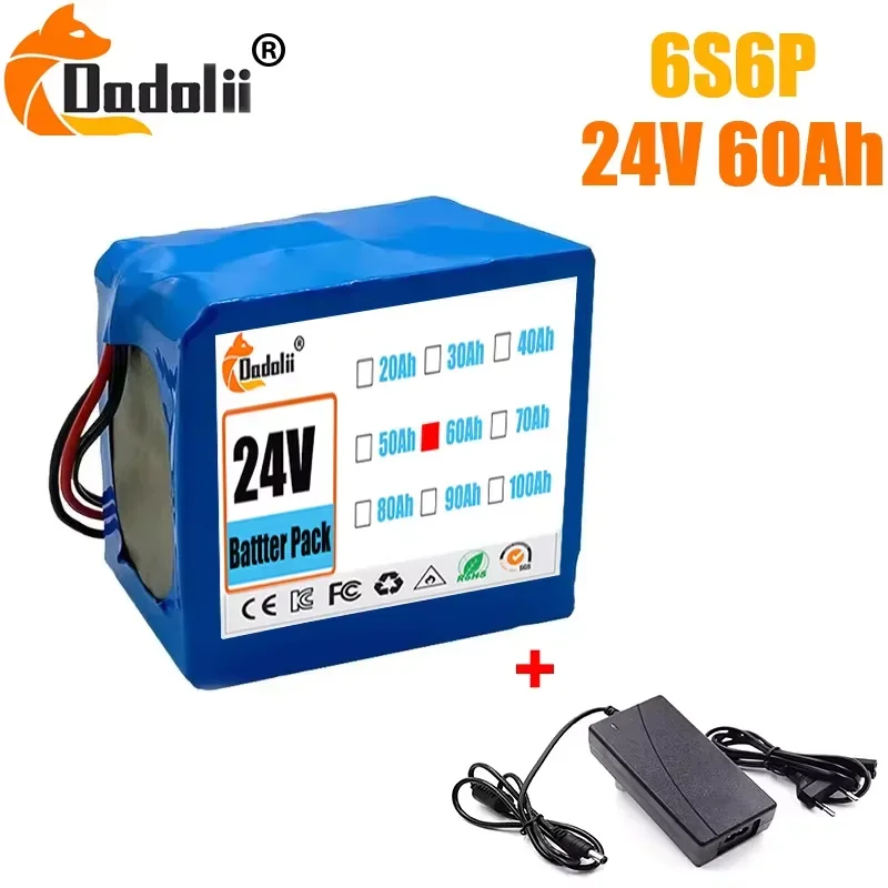 24V 60Ah 18650 Large-Capacity Battery Pack 6S6P 25.2V E-Bike Scooter Wheelchair Four-Wheeler Lithium Battery Pack BMS+ Charger