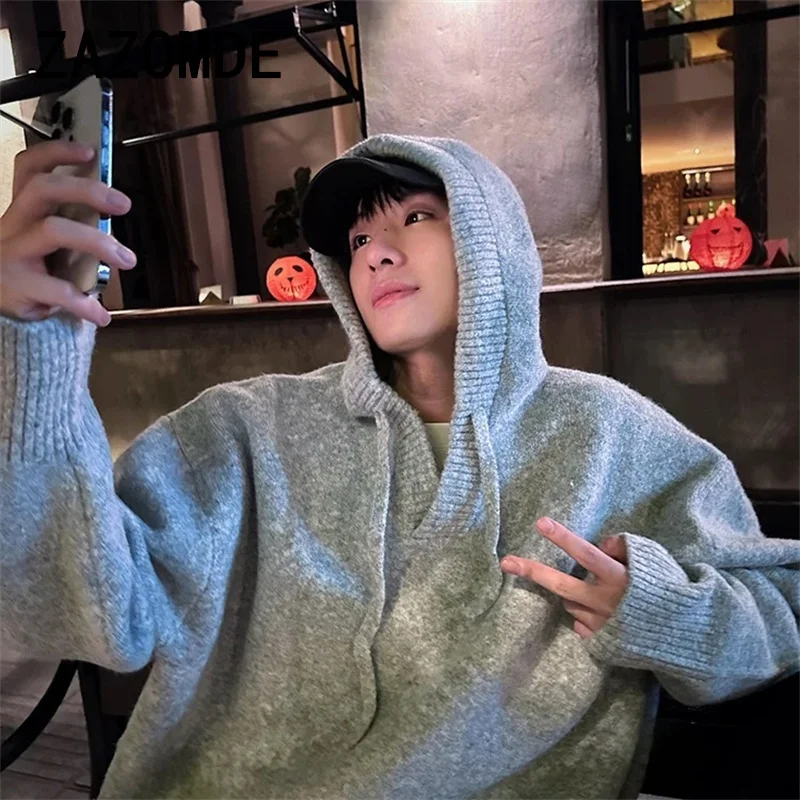 ZAZOMDE ฤดูหนาว Vintage Chic Hoody เสื้อกันหนาวผู้ชายถัก Top Hooded หลวม Casual Pullover เสื้อกันหนาวขนาดใหญ่เสื้อถักเสื้อผ้า