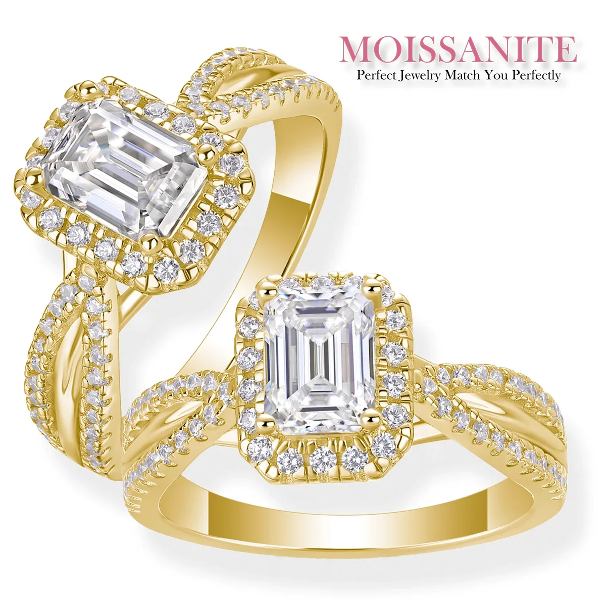 

1ct Stunning Emerald-Cut Moissanite Halo Ring with Twisted Diamond-Encrusted Band in 18k Yellow Gold – Elegant Brilliance