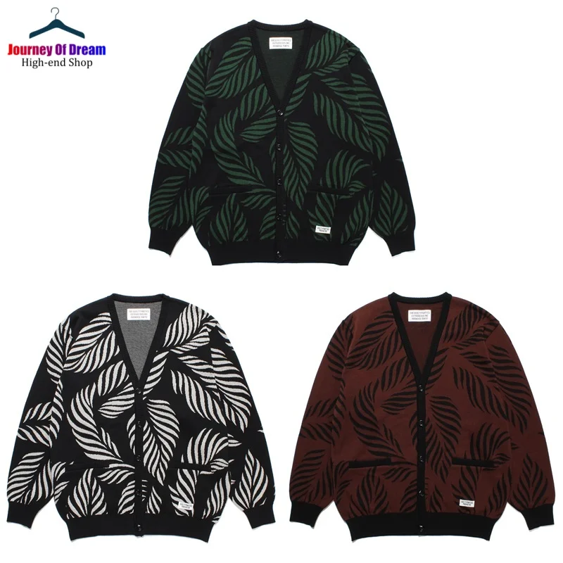 Autumn Winter High Quality Leaves Full Print Cotton V-Neck Knitted Cardigan Vintage Men Women High-end Sweater