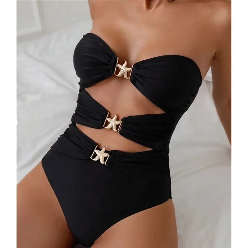 

Модный купальный костюм с металлическими звездами, женский сексуальный цельный купальник без бретелек с высоким вырезом, новинка 2025 года, купальный костюм, пляжная одежда для плавания