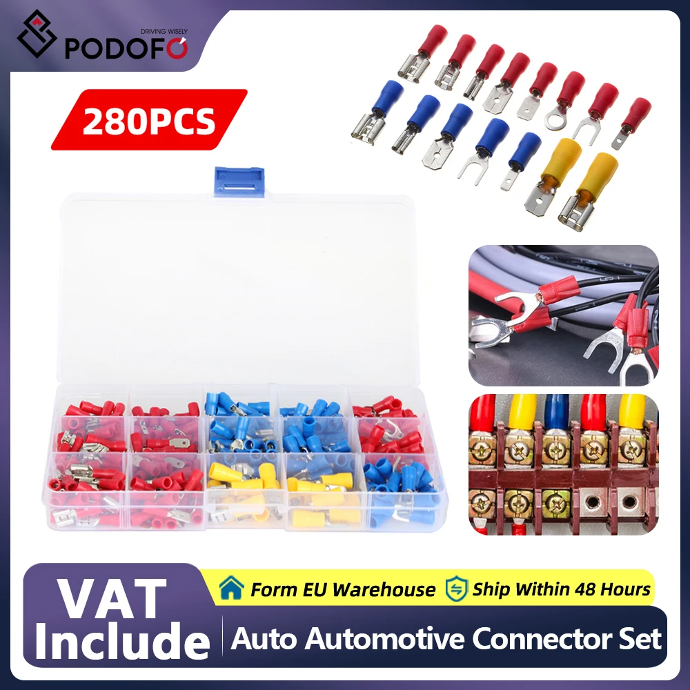 Podofo 280Pcs Cable lugs Assortment Box Auto Automotive Connector Set Flat Plug Set Assorted Female Male Crimp Spade Terminals