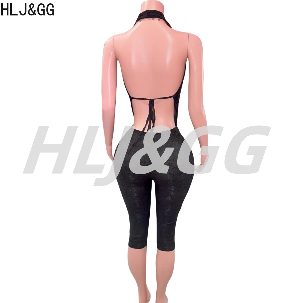 HLJ&GG Sexy Halter Lace Backless One Piece Jumpsuits Women Deep V Sleeveless Slim Playsuits Fashion Solid Clubwear Overalls 2025