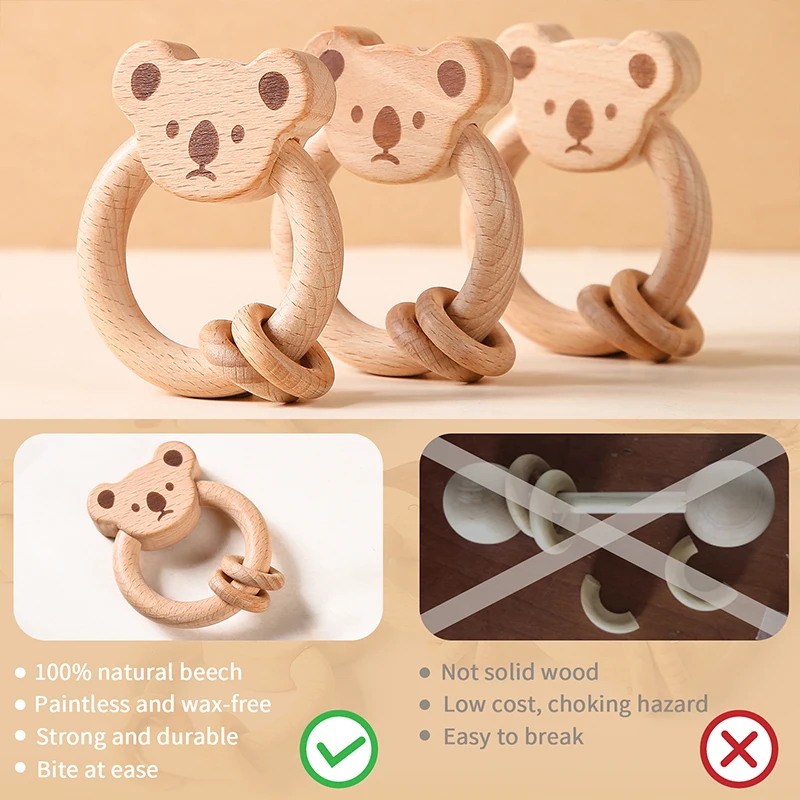 Wooden Toy Rattle Montessori Educational Toys Early Beech Animal  Bear Hand Teething Wooden Ring Baby Rattles for Newborn Baby