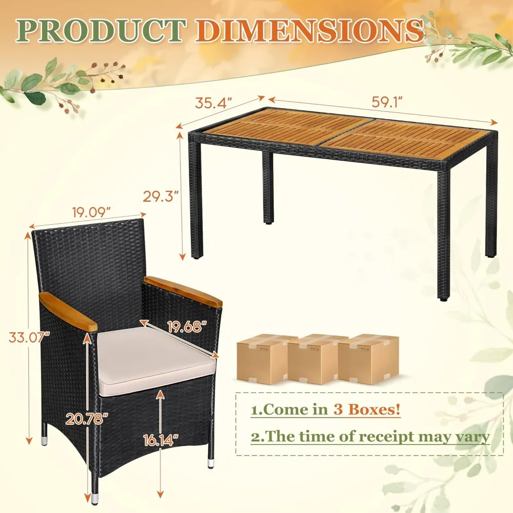 7 piece outdoor patio dining set, conversation set, 1 table and 6 rattan chairs, curved acacia wood armrests and cushions, black image 5