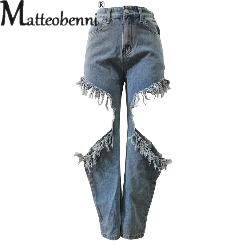Sexy Broken Holes Splicing Tassel Straight Jeans Female Fashion Hollow Out Denim Pants Trend Casual Streetwear Women's Trousers