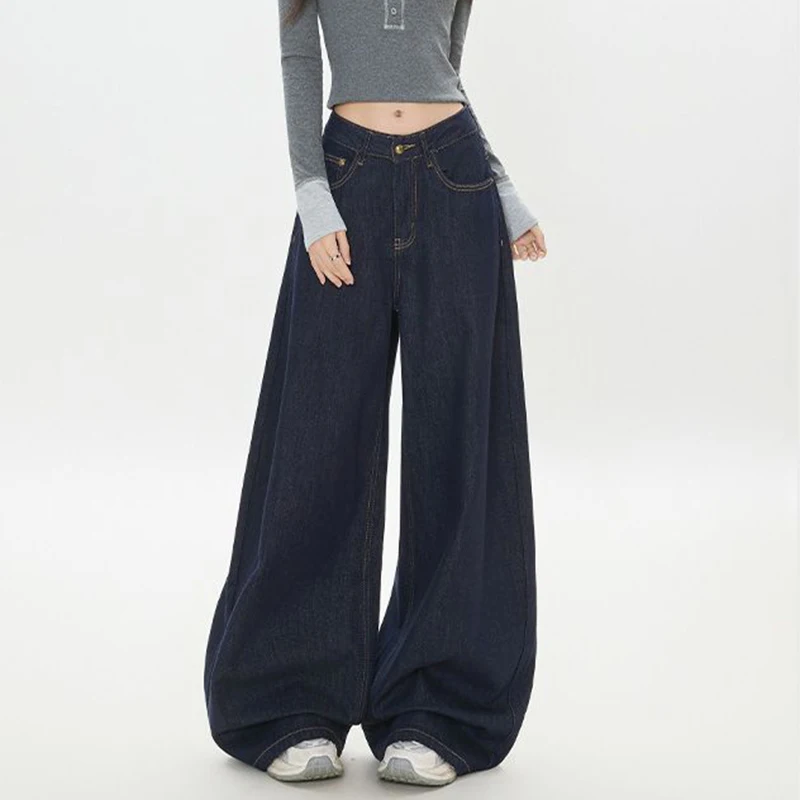 Trendy Fashion Girls Baggy Straight Leg Jeans Female High Waist Casual Denim Pants Women Korean Retro Solid Color Trousers