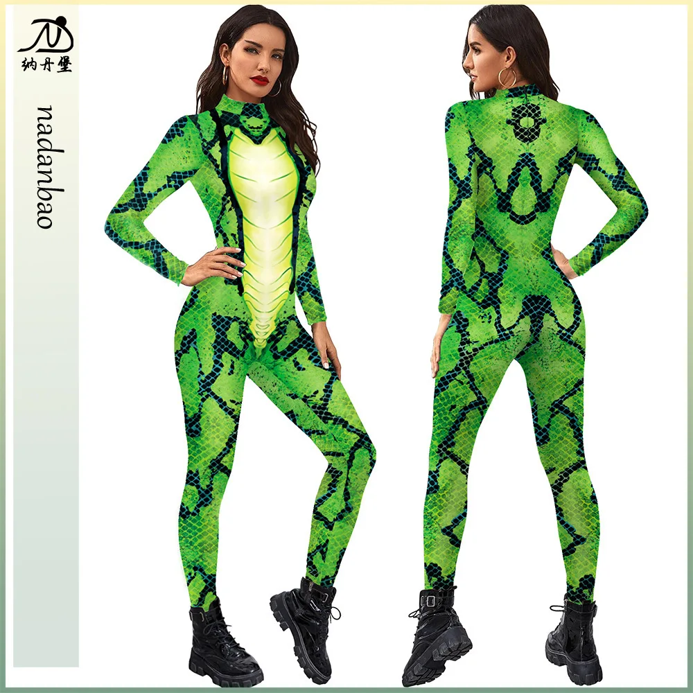 2024 Women's Animal Green Snake Pattern Jumpsuit Stage Performance Long Sleeved Tight Fitting Suit For Women